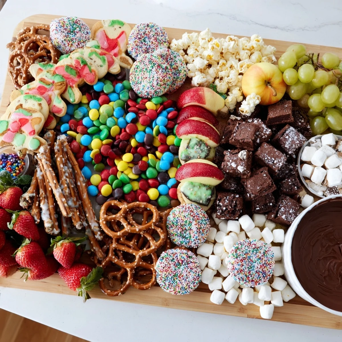 An inviting dessert board featuring themed snacks, cookies, and chocolate delicacies.  