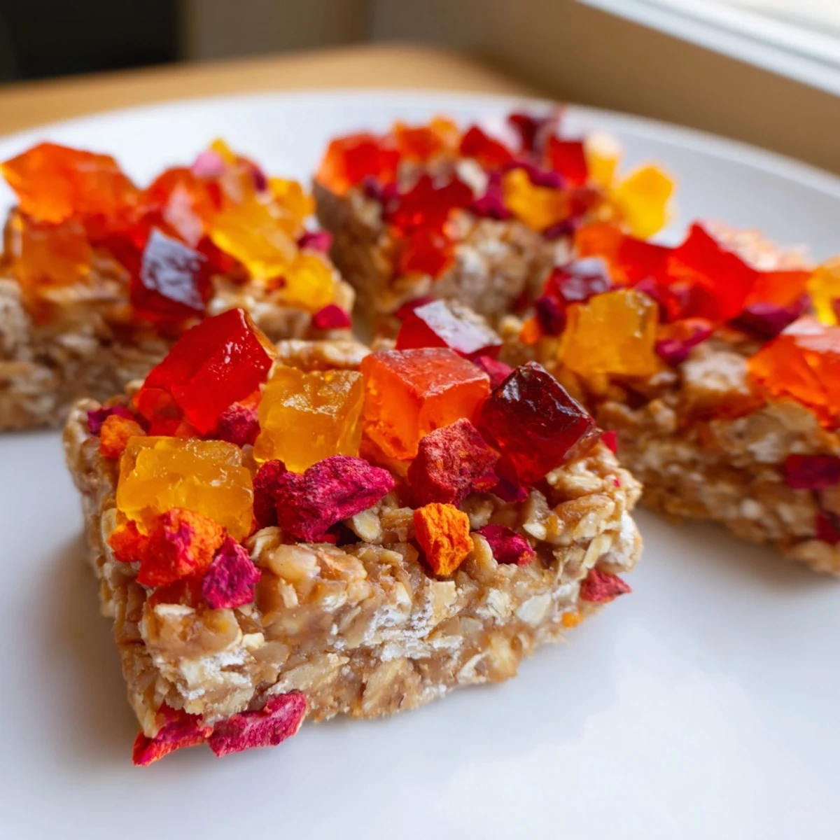 Colorful DIY snack bars with chewy homemade gummies and crispy freeze-dried candies.  