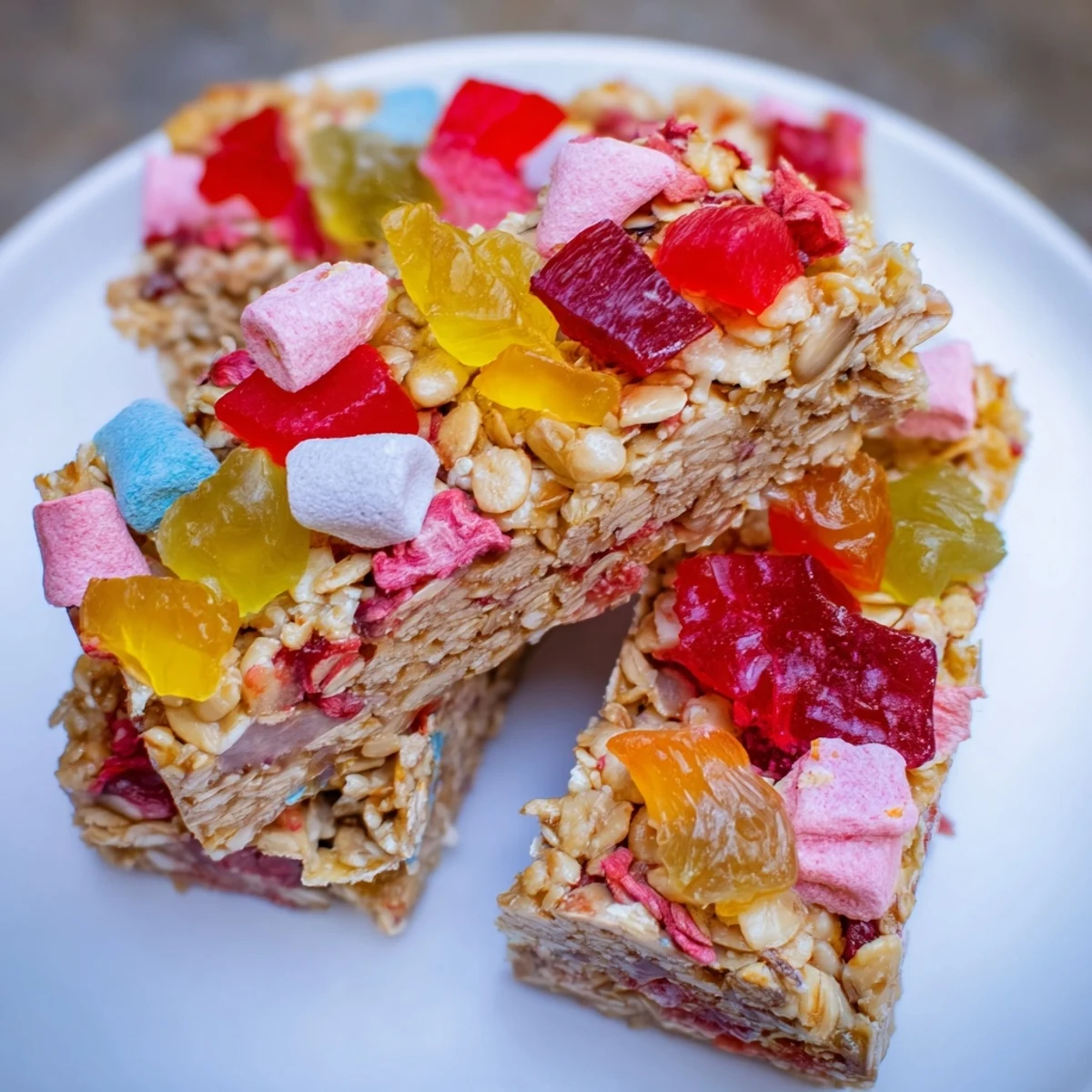 Vibrant freeze-dried candies and flavorful gummies atop chewy DIY snack bars.