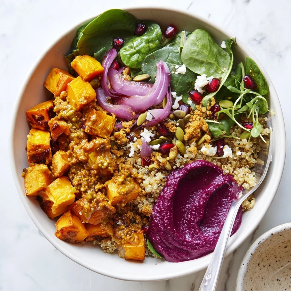 Cozy spiced winter bowls filled with roasted veggies and creamy ube-coconut purée.