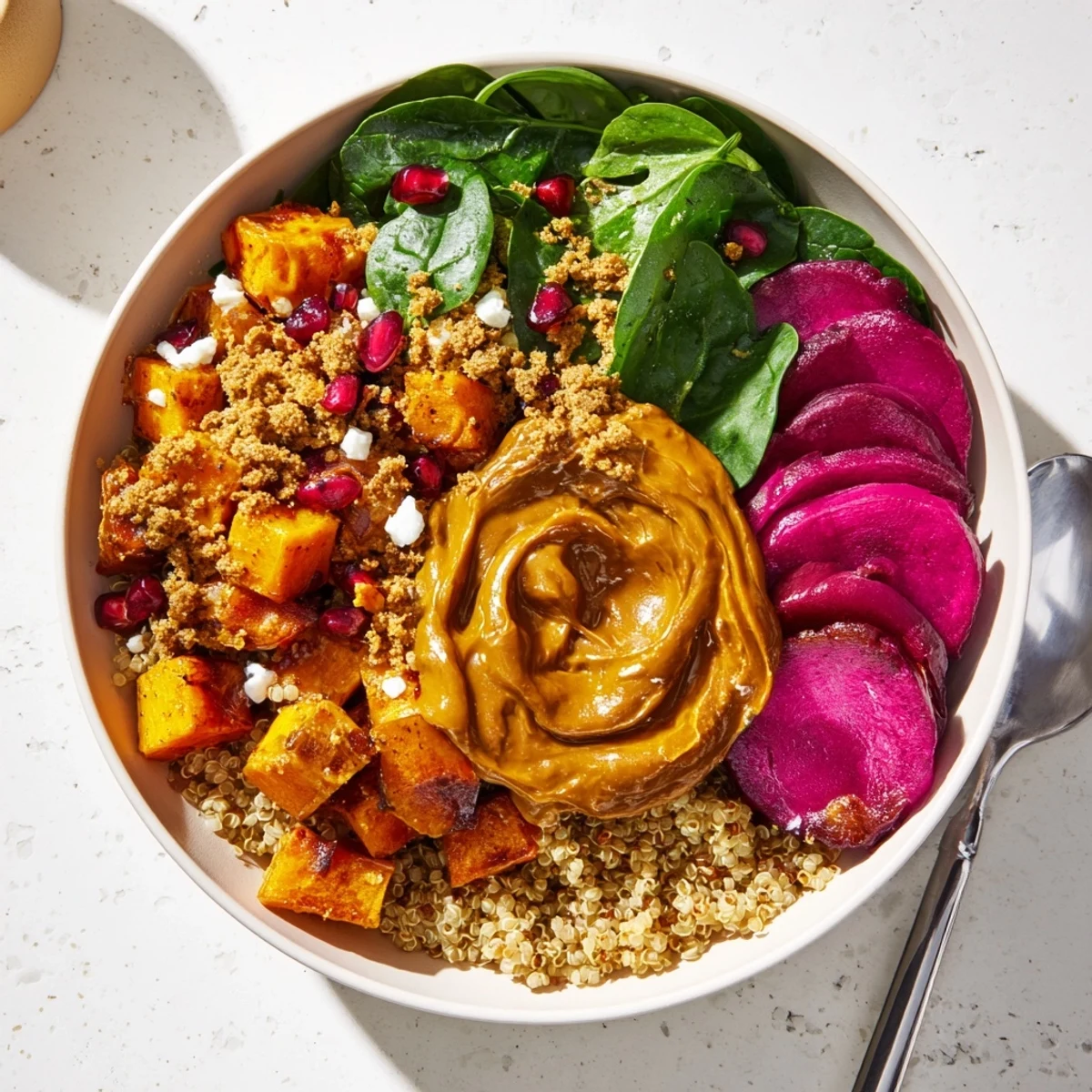 A vibrant blend of roasted winter vegetables topped with pistachio-maple crumble.