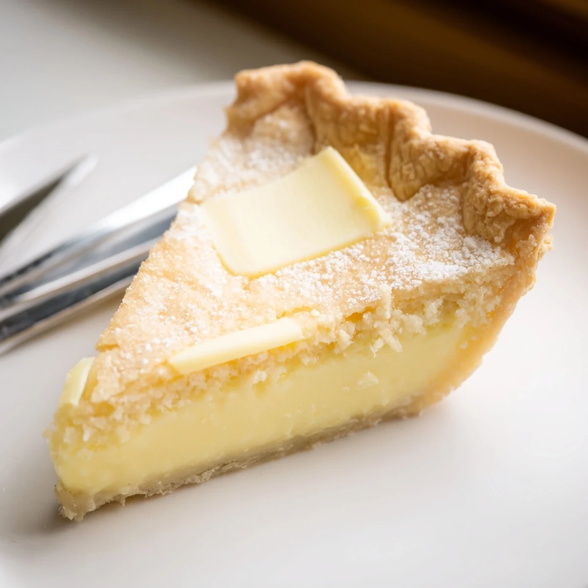 Water pie baked to golden perfection, showcasing a creamy, custard-like filling and flaky crust.