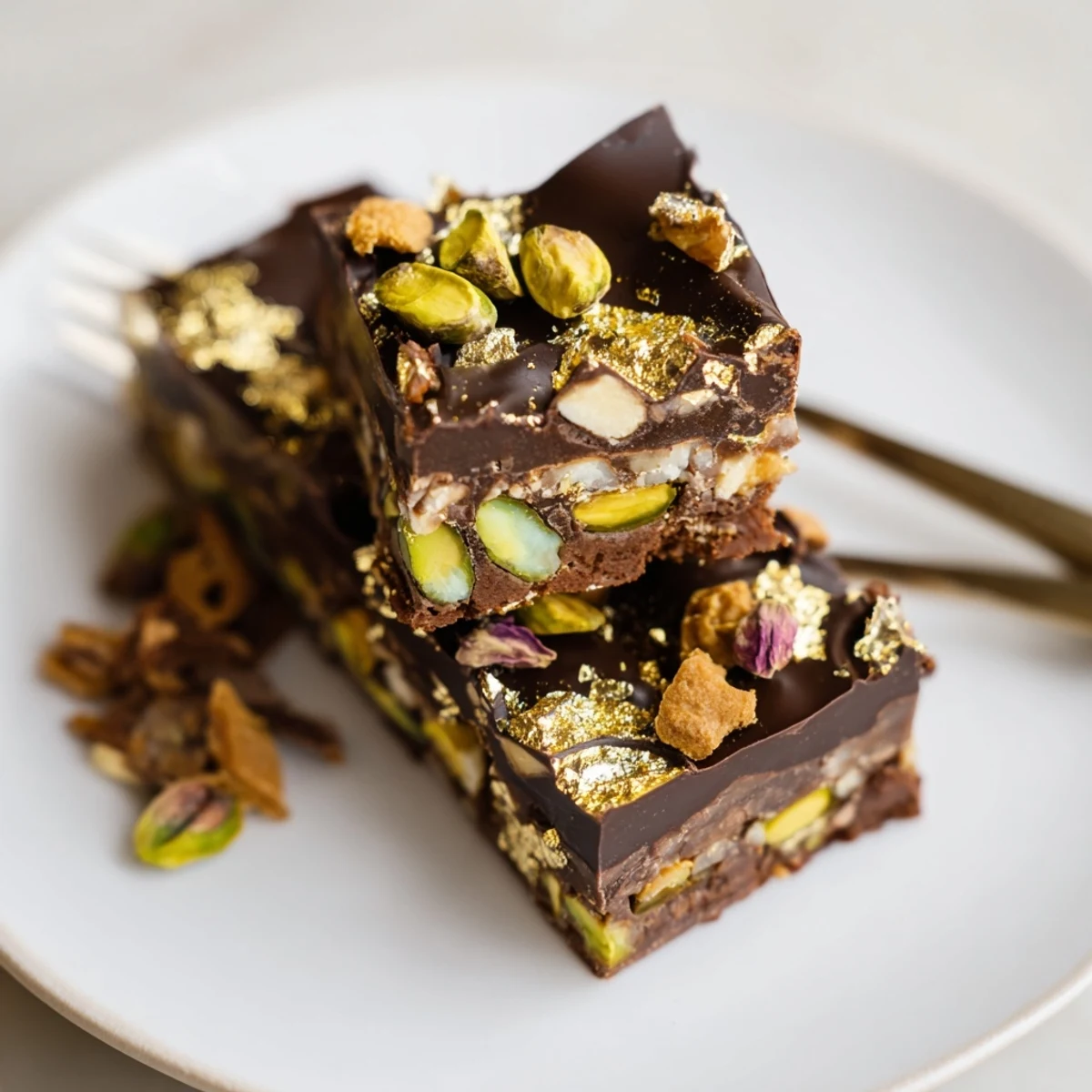 Decadent chocolate bar inspired creations topped with spiced date caramel and rose petals.  