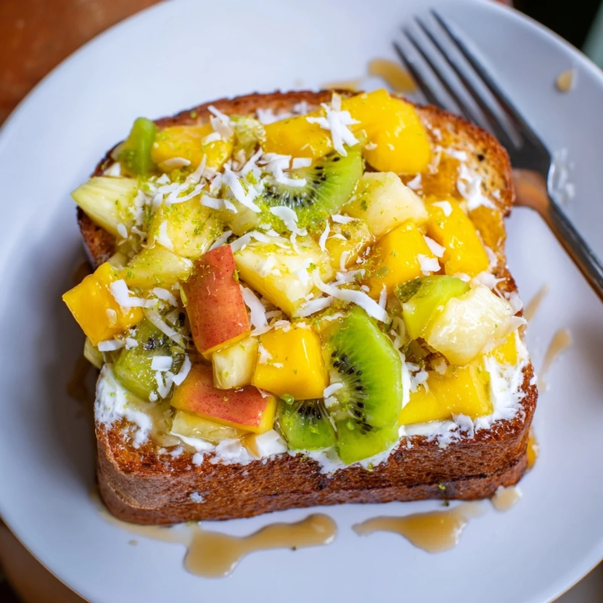 Vibrant Yogurt-Custard Toast showcases coconut yogurt and colorful, juicy fruit toppings.