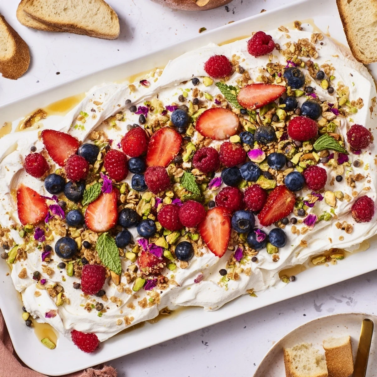 Delicious Butter Board Dessert Version topped with vibrant berries and crunchy nuts.  