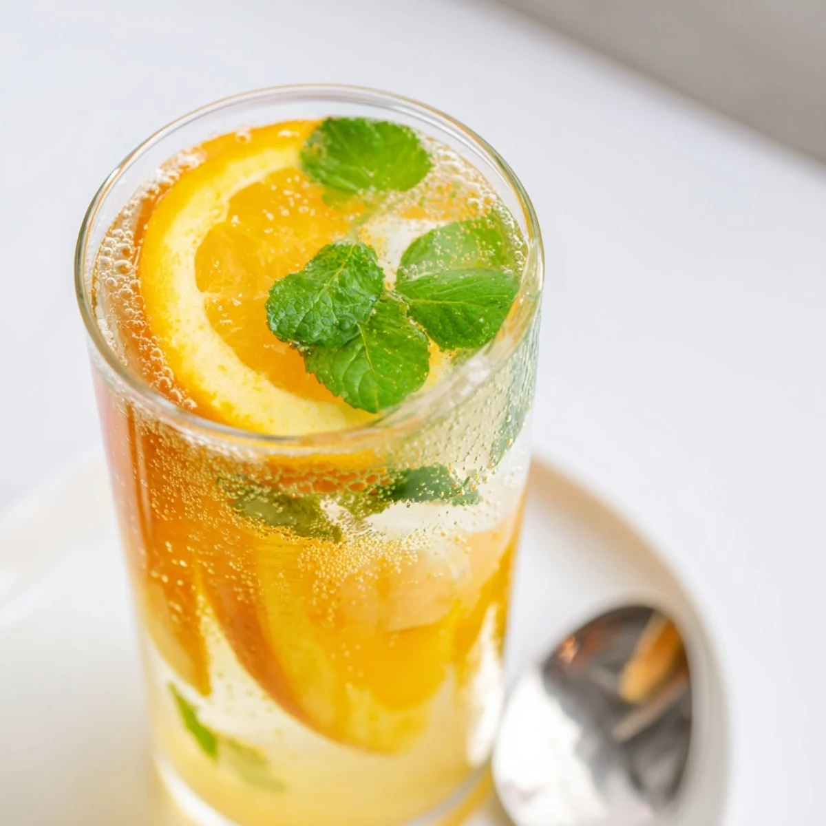 Vibrant probiotic soda mocktail adorned with herbs, perfect for summer enjoyment.