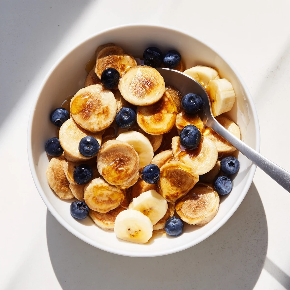 Golden-brown mini pancake cereal arranged in a bowl, ready to enjoy with milk.  