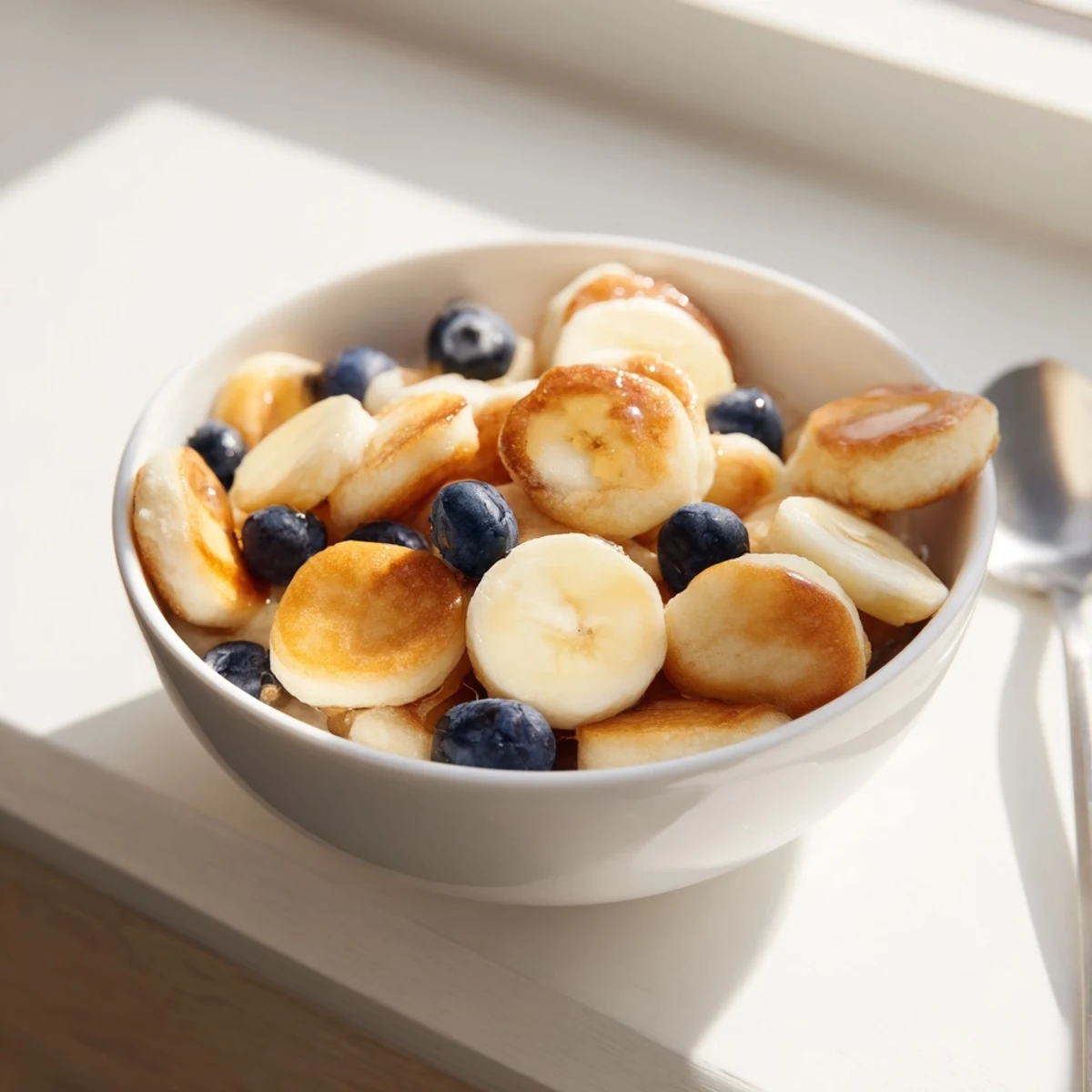Adorable bite-sized mini pancake cereal drizzled with honey and fresh fruit toppings.