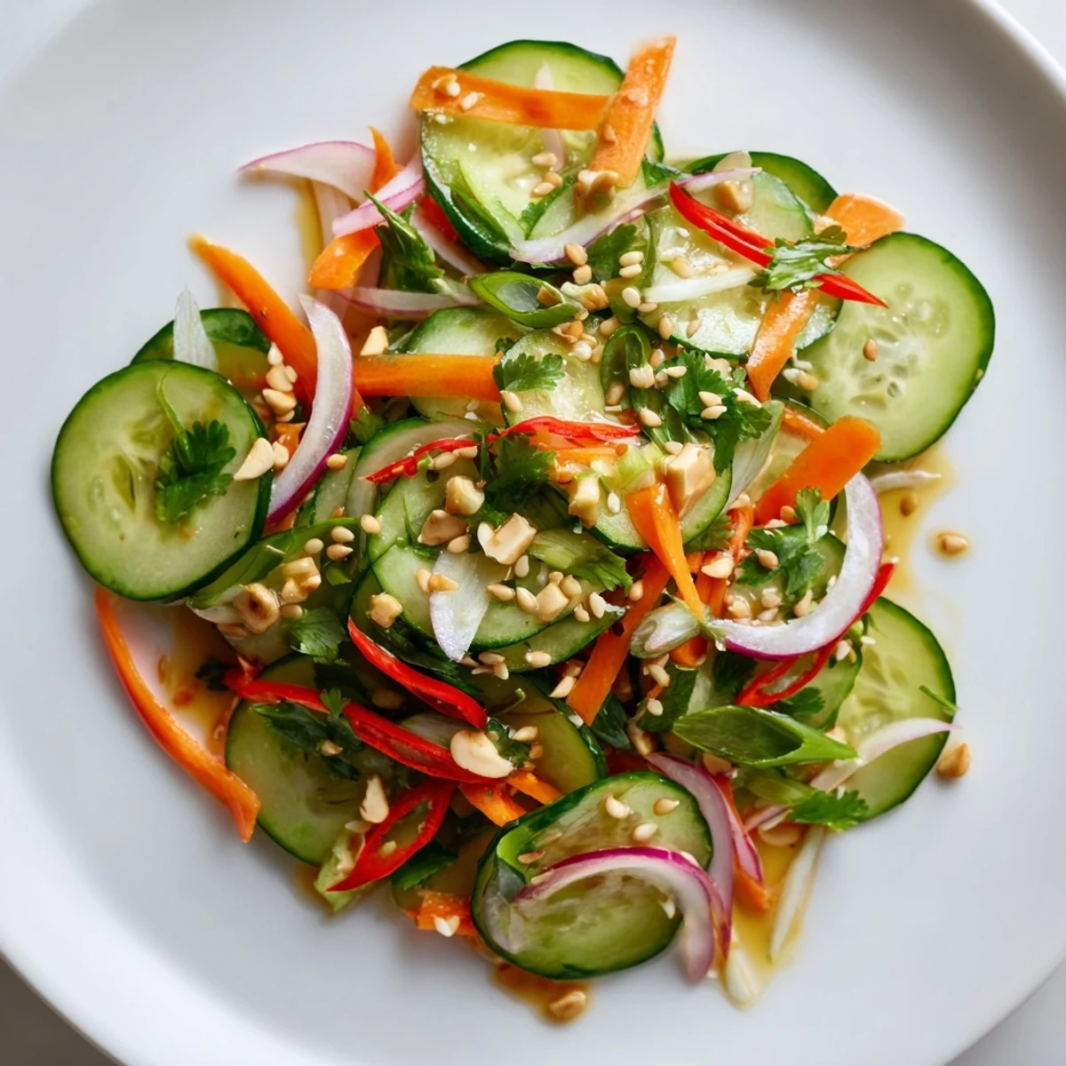Vibrant cucumber salad remix drizzled with savory Asian dressing and fresh herbs.  