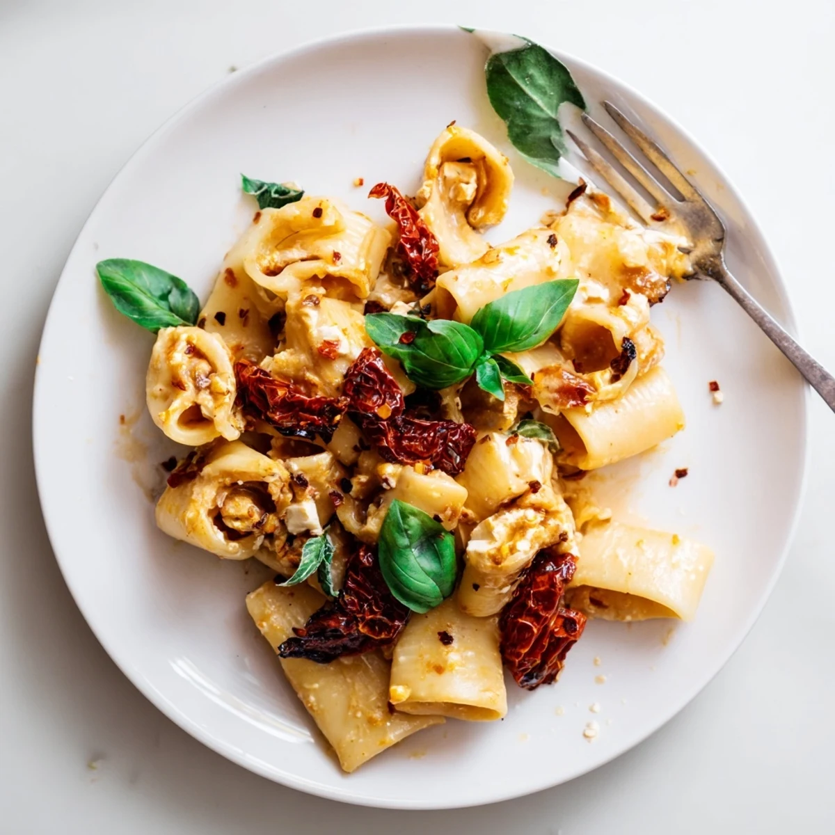 Creamy Baked Feta Pasta 2.0 topped with caramelized onions and sun-dried tomatoes.  