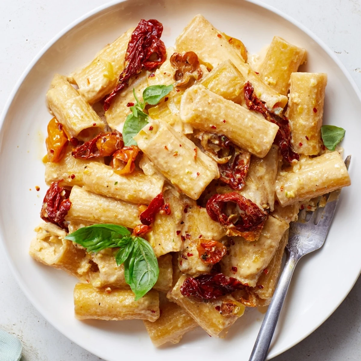 Delicious Baked Feta Pasta 2.0 served warm with fresh basil and olive oil drizzle.  