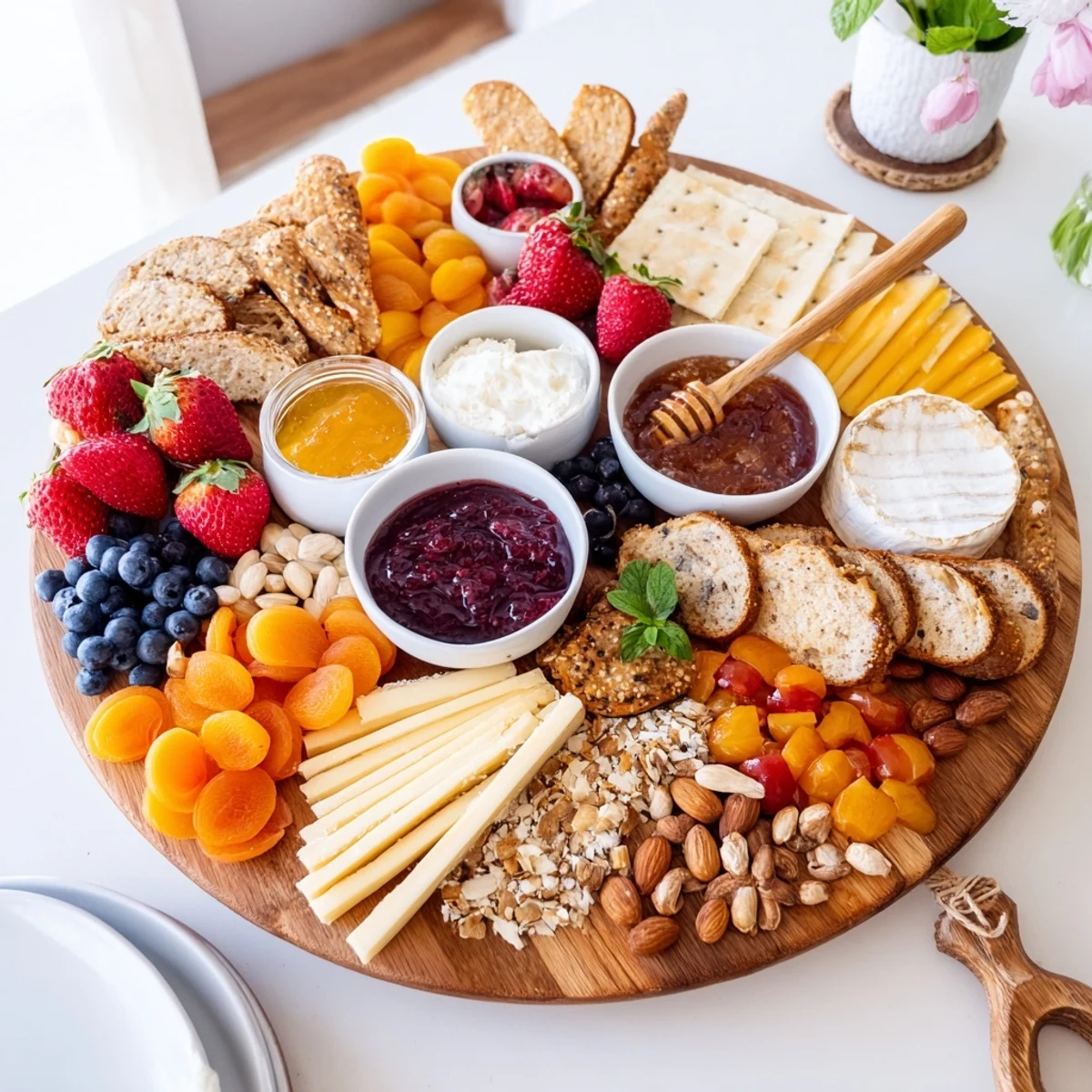 A stunning jam-infused brunch board showcasing vibrant fruits, artisan cheeses, and toasted baguette.  