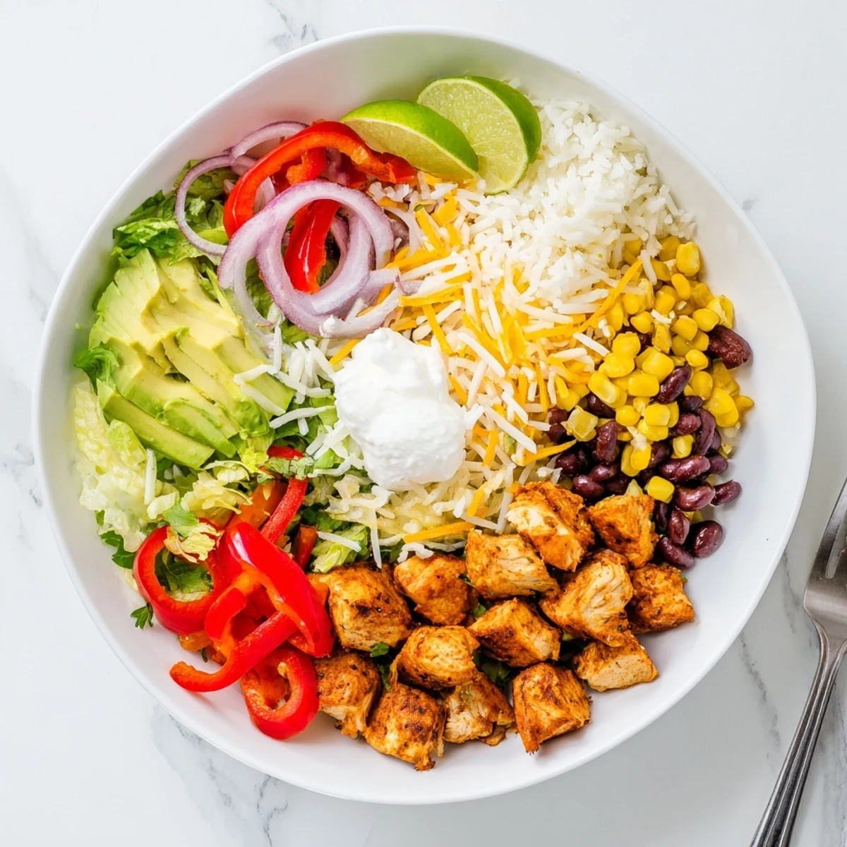 Juicy Sheet Pan Chicken Burrito Bowls topped with colorful roasted veggies and cheese.  