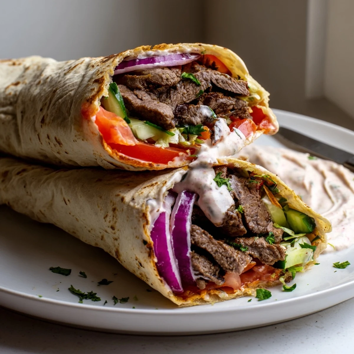 Tender Beef Shawarma wraps garnished with fresh vegetables and creamy yogurt sauce.  