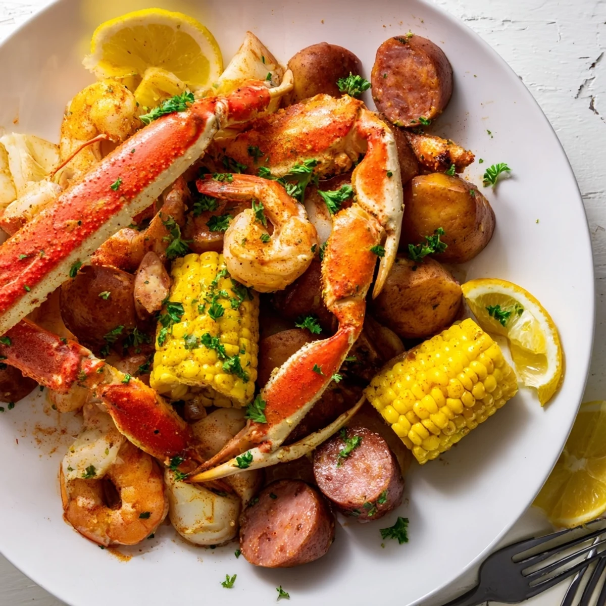 Delicious crab and shrimp seafood boil garnished with fresh parsley and lemon.
