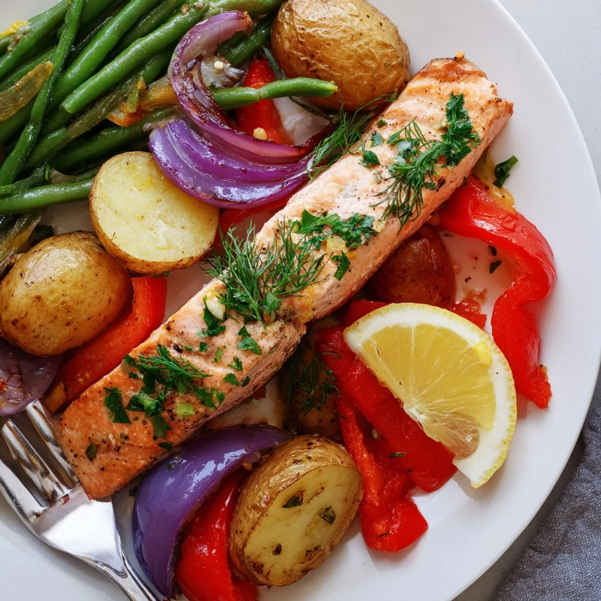 Lemon Herb Salmon & Potato Sheet Pan with roasted veggies and fresh herbs, perfect for dinner.
