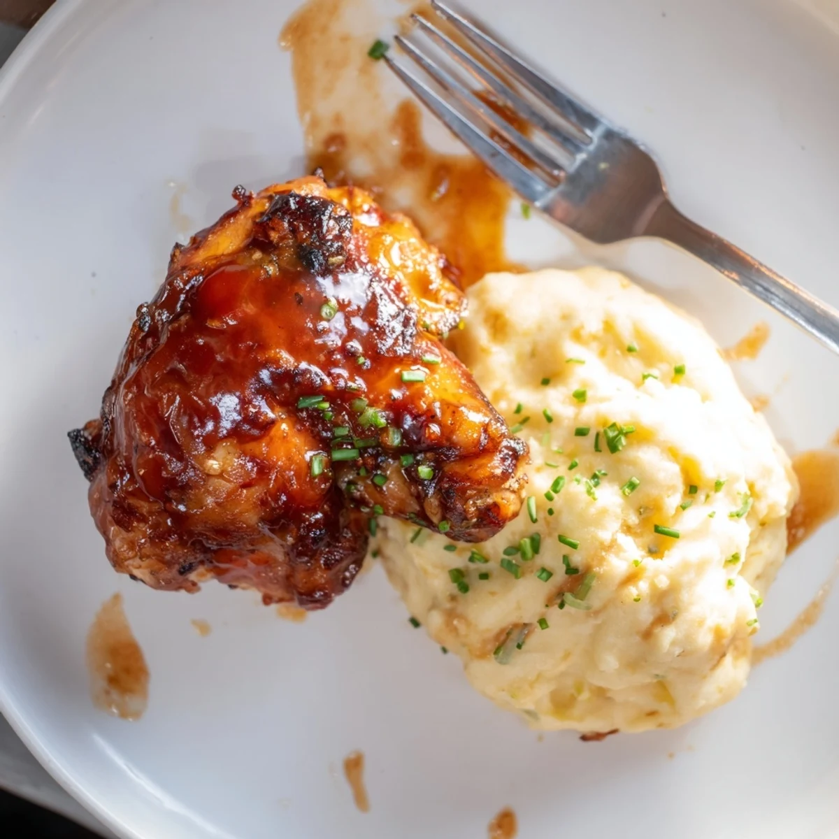 Succulent honey BBQ chicken thighs topped with rich sauce, served with creamy garlic mashed potatoes.  