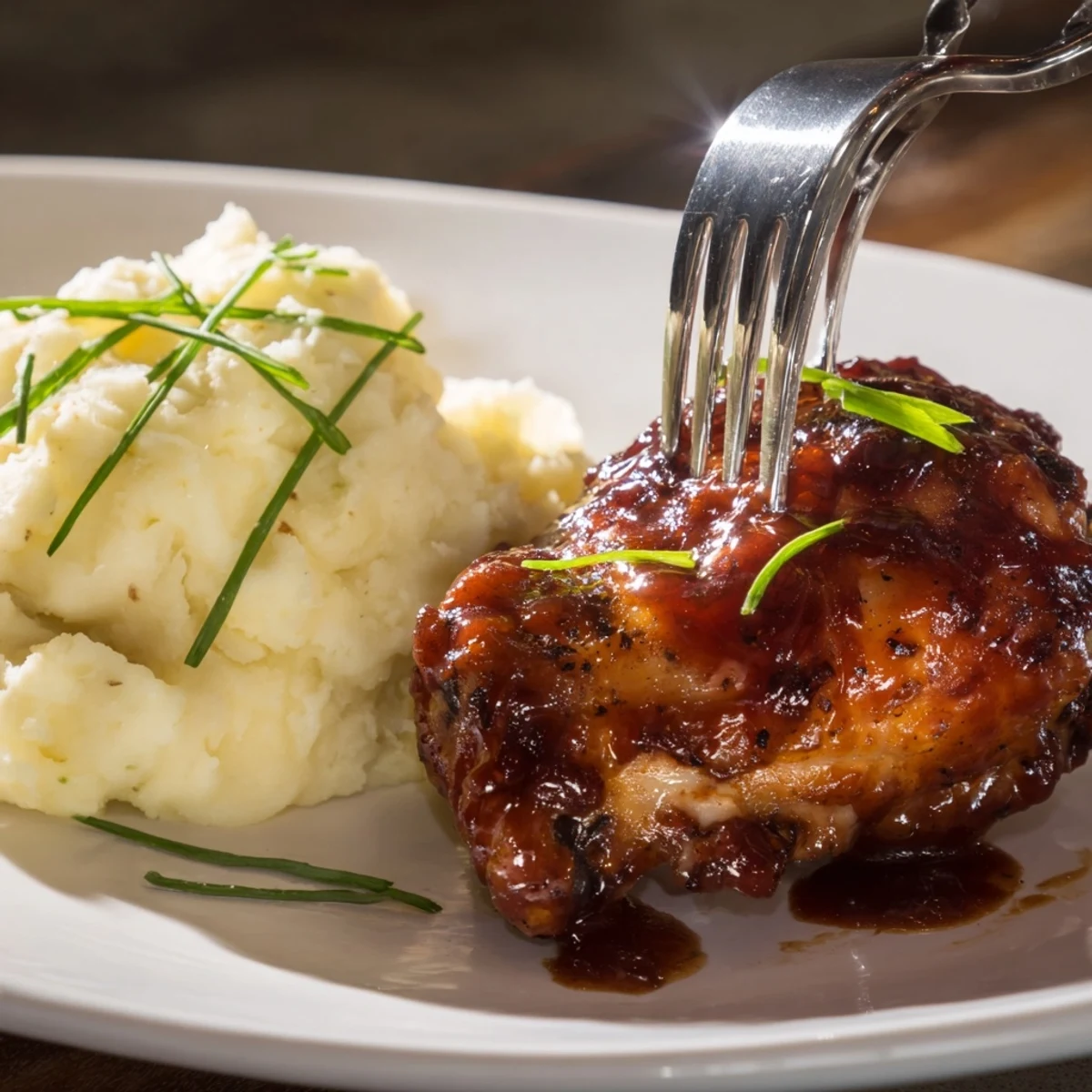 Tender honey BBQ chicken thighs, glazed and paired with fluffy garlic mashed potatoes for comfort.