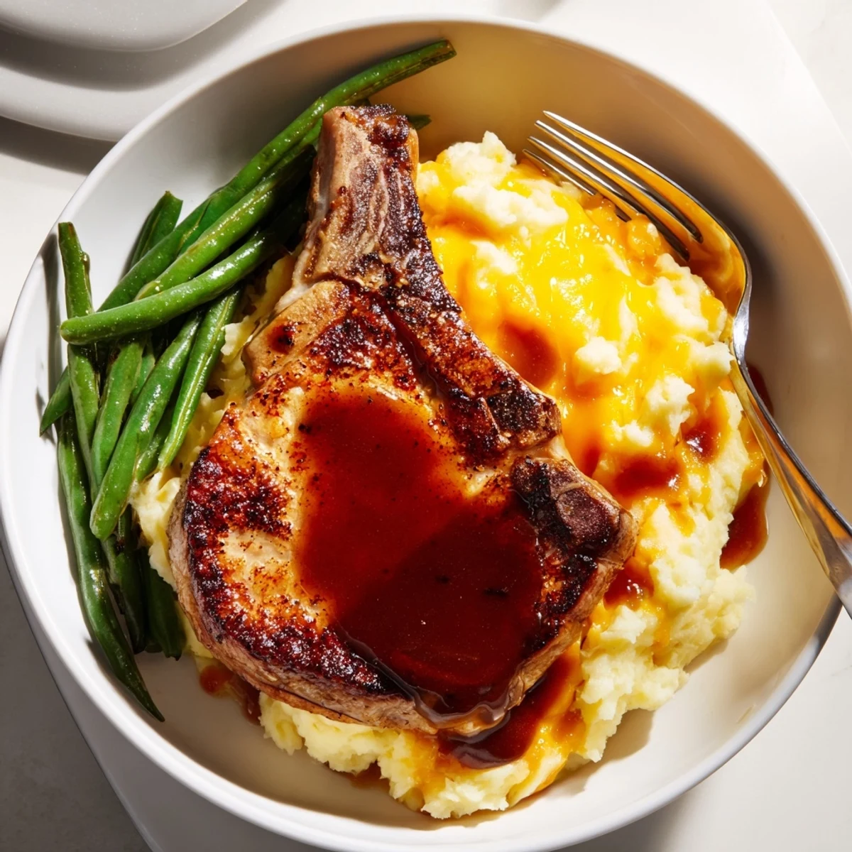 Juicy pork chops served over creamy cheddar mash with savory pan gravy.  