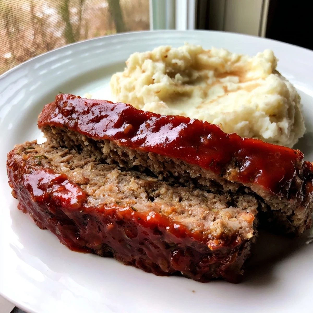 Classic meatloaf and mashed potatoes: A warm, savory meatloaf sits beside fluffy, creamy mashed potatoes.