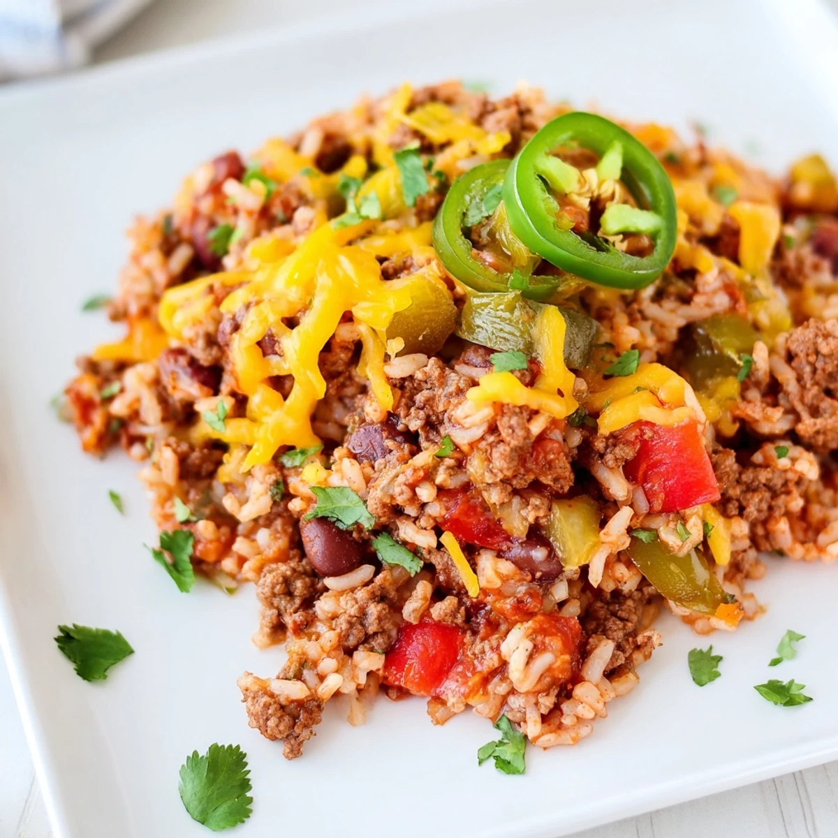 Steaming, cheesy Tex-Mex Beef & Rice Casserole, a delightful baked dish with seasoned beef and vegetables.