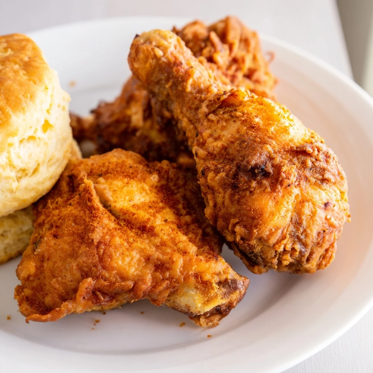 Golden-brown Southern Fried Chicken served alongside fluffy, warm buttermilk biscuits for a delightful meal.