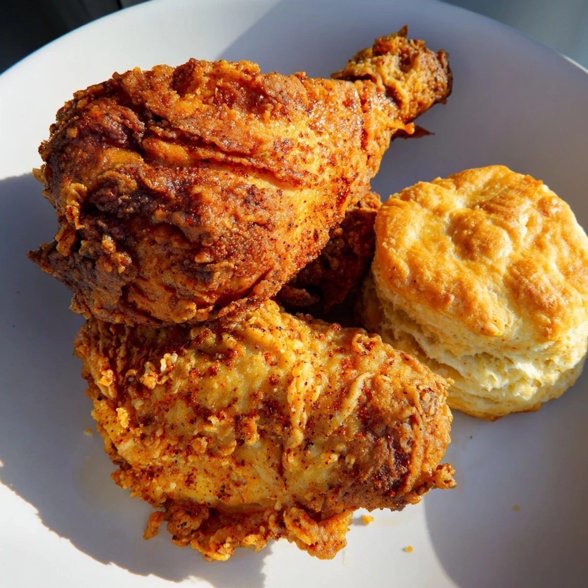 Plate of Southern Fried Chicken and buttermilk biscuits: imagine the delicious, savory, crispy, and fluffy textures.