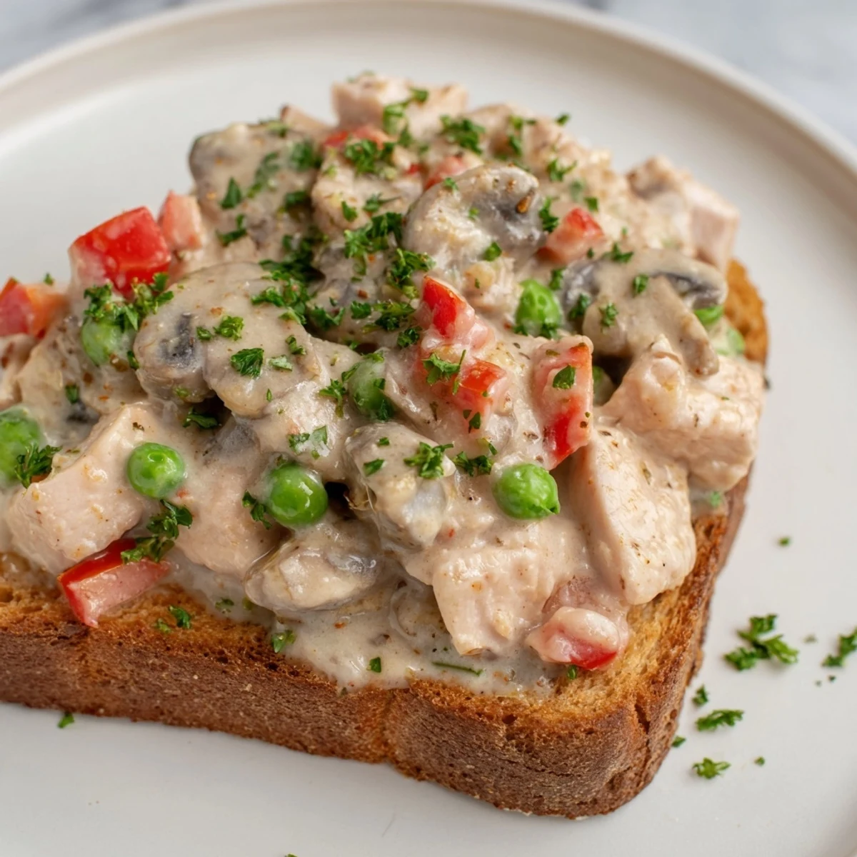 Creamy Chicken à la King over toast, a comforting American dish with golden toast, ready to enjoy.
