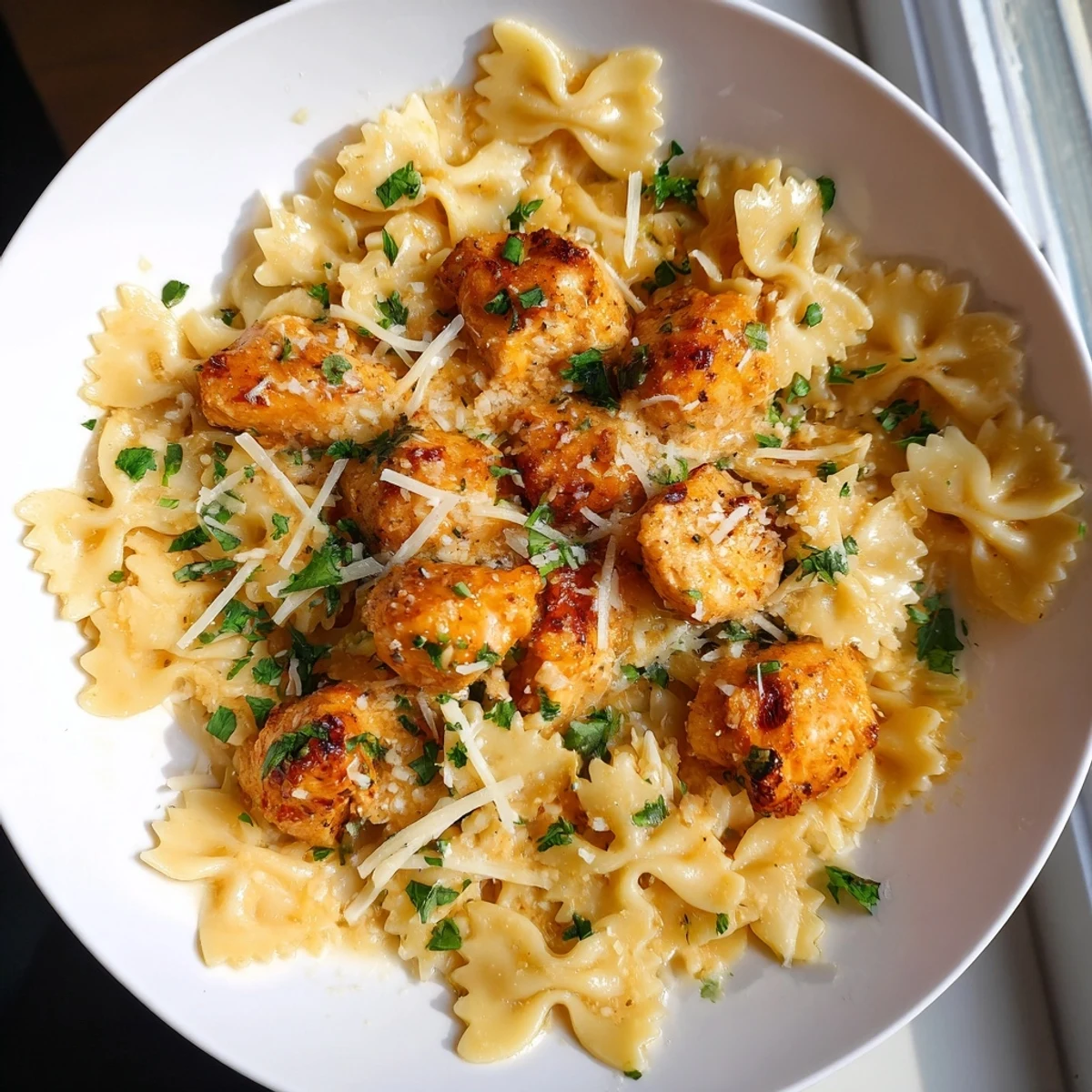 Bowtie pasta and chicken bathed in garlic butter sauce, topped with melted mozzarella in this recipe.