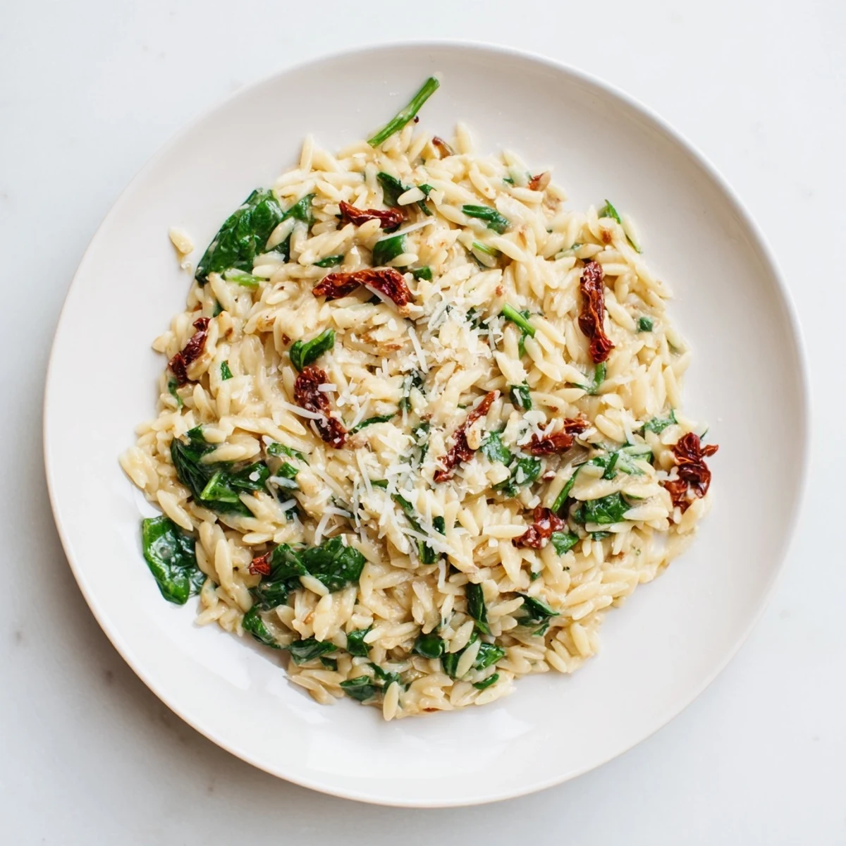 A vibrant photo of a creamy Tuscan orzo bowl, bubbling with sun-dried tomatoes and spinach.