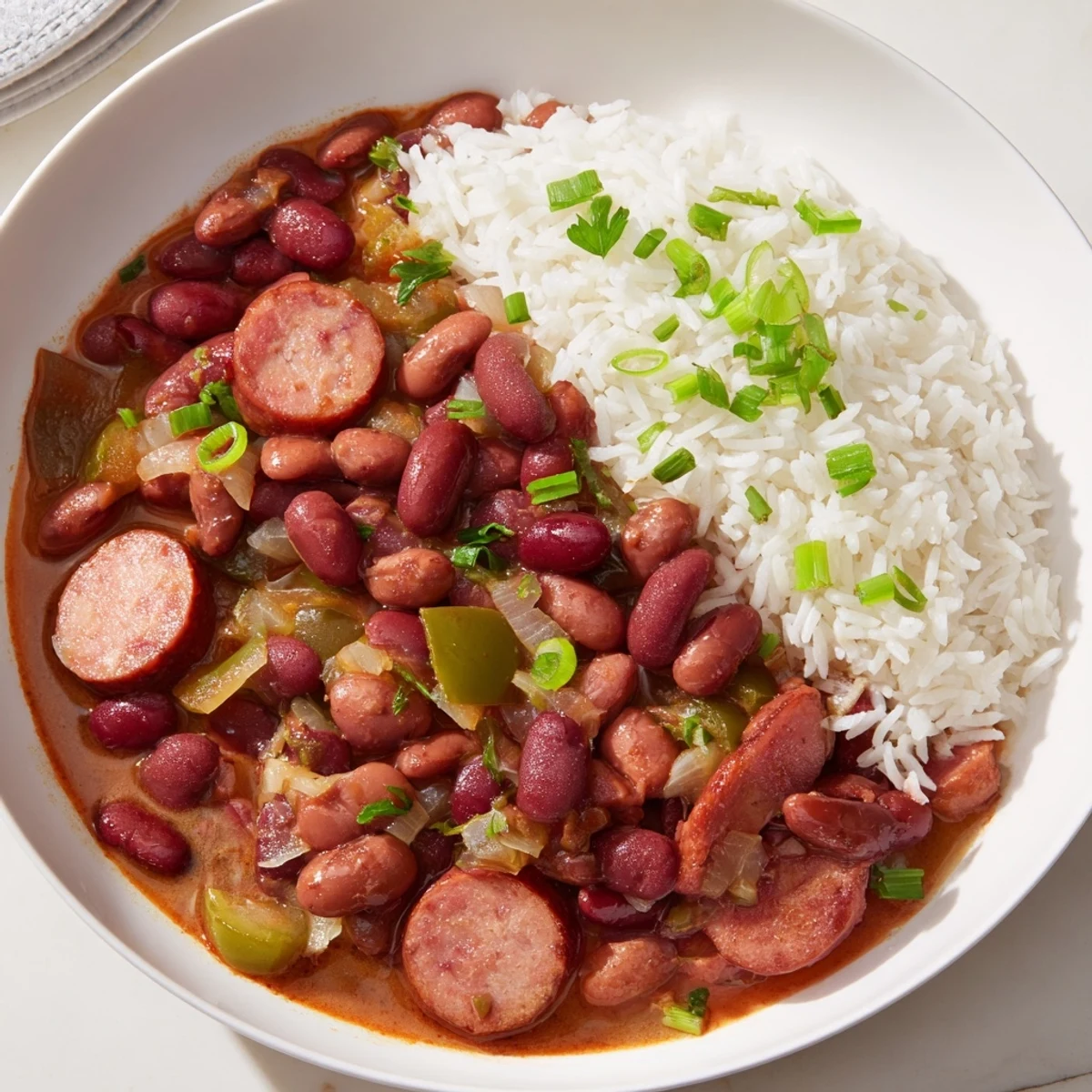 Steaming bowl of Red Beans & Rice, a hearty Creole meal with sausage and flavorful broth.