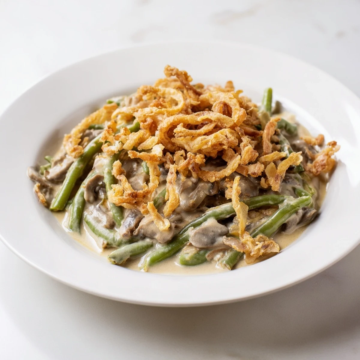 Creamy, bubbling Old-School Green Bean Casserole topped with golden, crunchy fried onions, ready to serve.