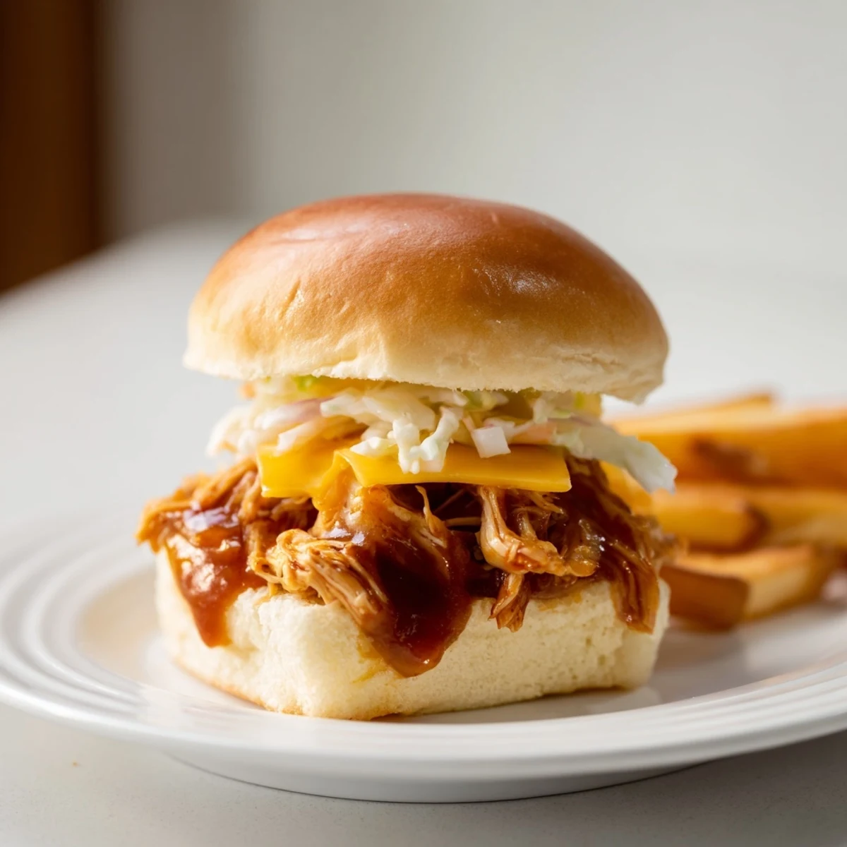 Juicy BBQ chicken sliders with melted cheese, coleslaw, and a side of golden, crispy fries.