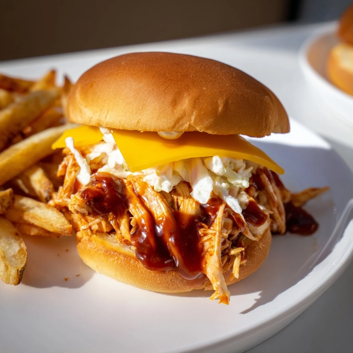Freshly made BBQ Chicken Sliders, accompanied by a generous portion of perfectly seasoned, golden fries.