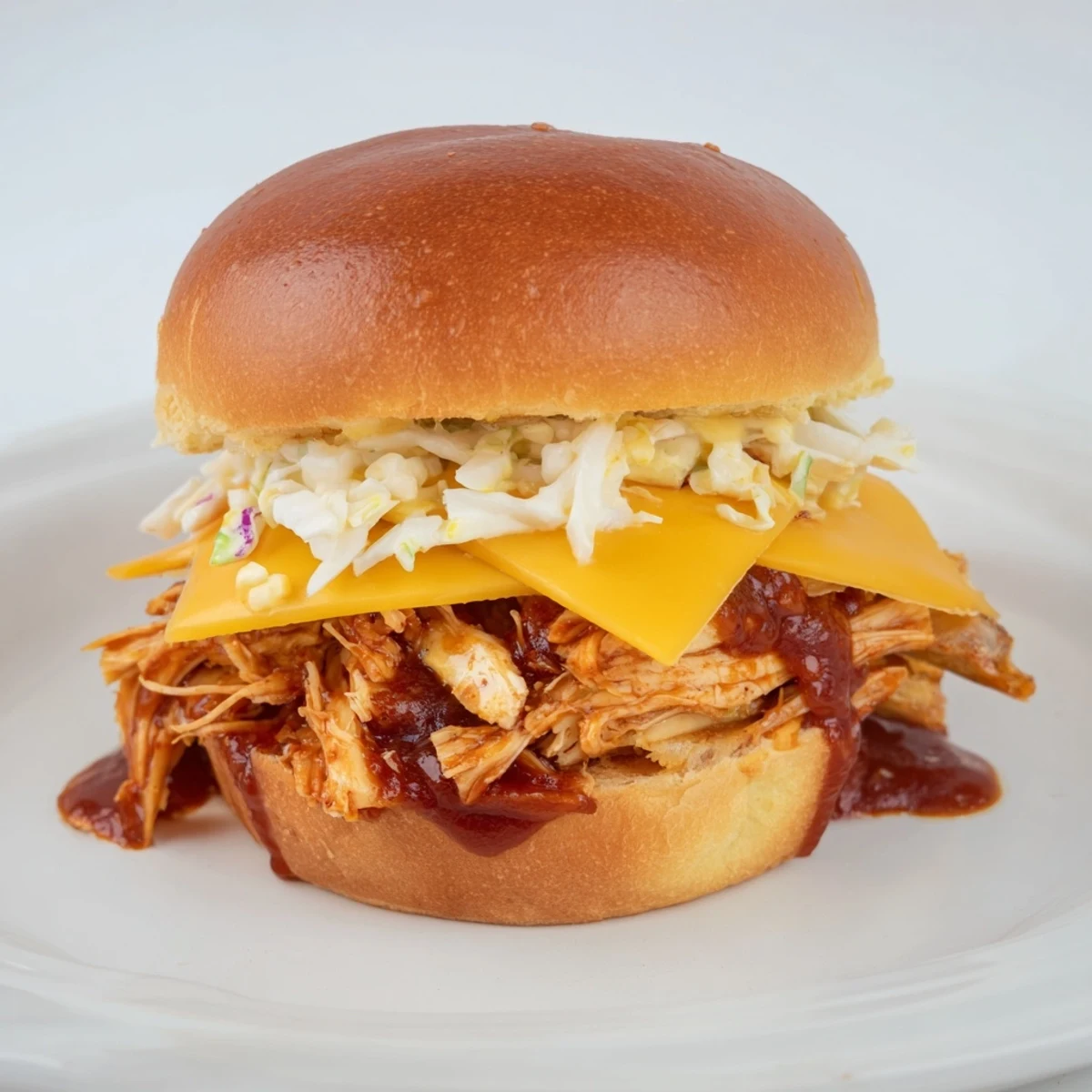 Warm, saucy BBQ Chicken Sliders garnished with coleslaw, ready to be enjoyed with friends or family.