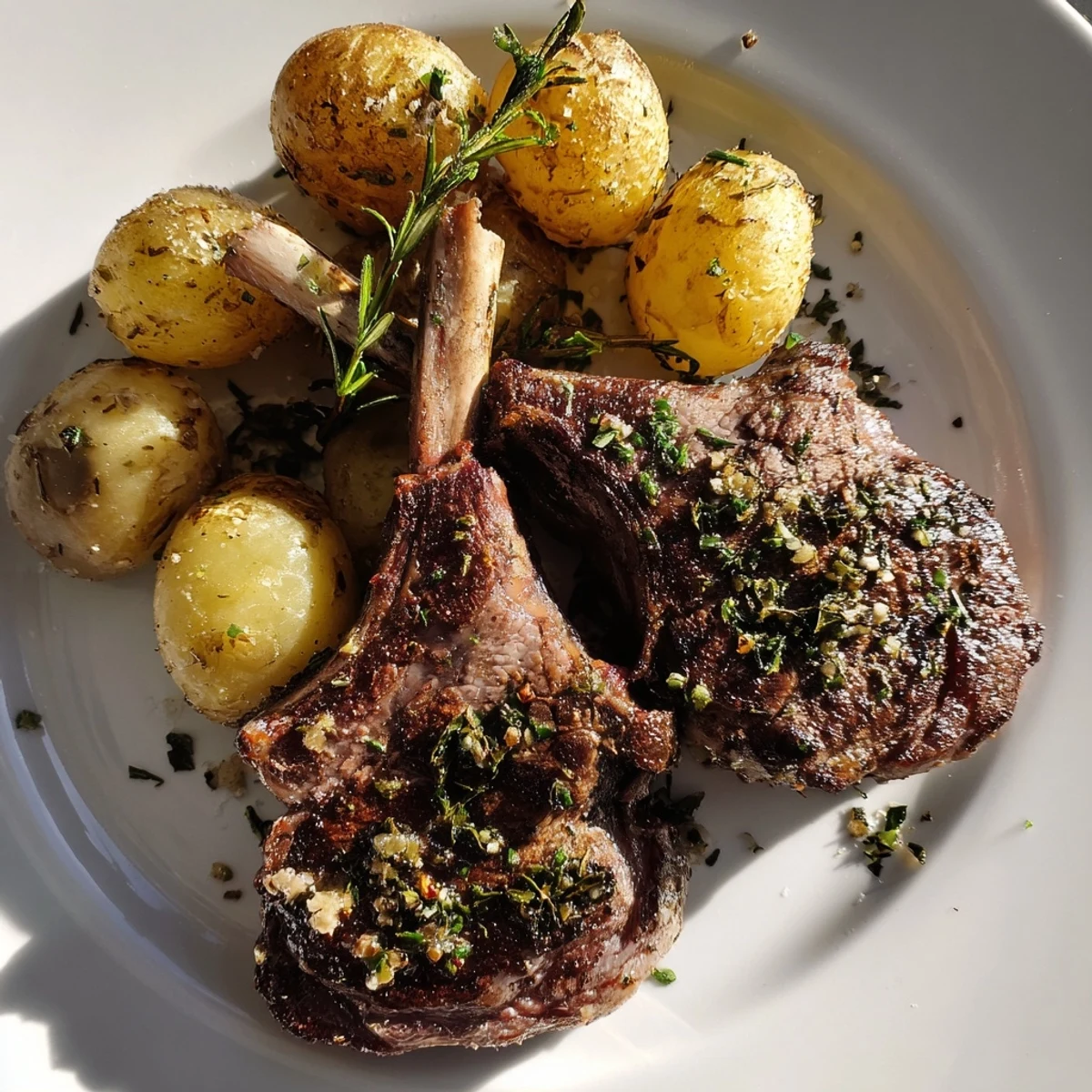 Enjoy tender Herbed Lamb Chops alongside perfectly roasted potatoes, garnished with fresh parsley.