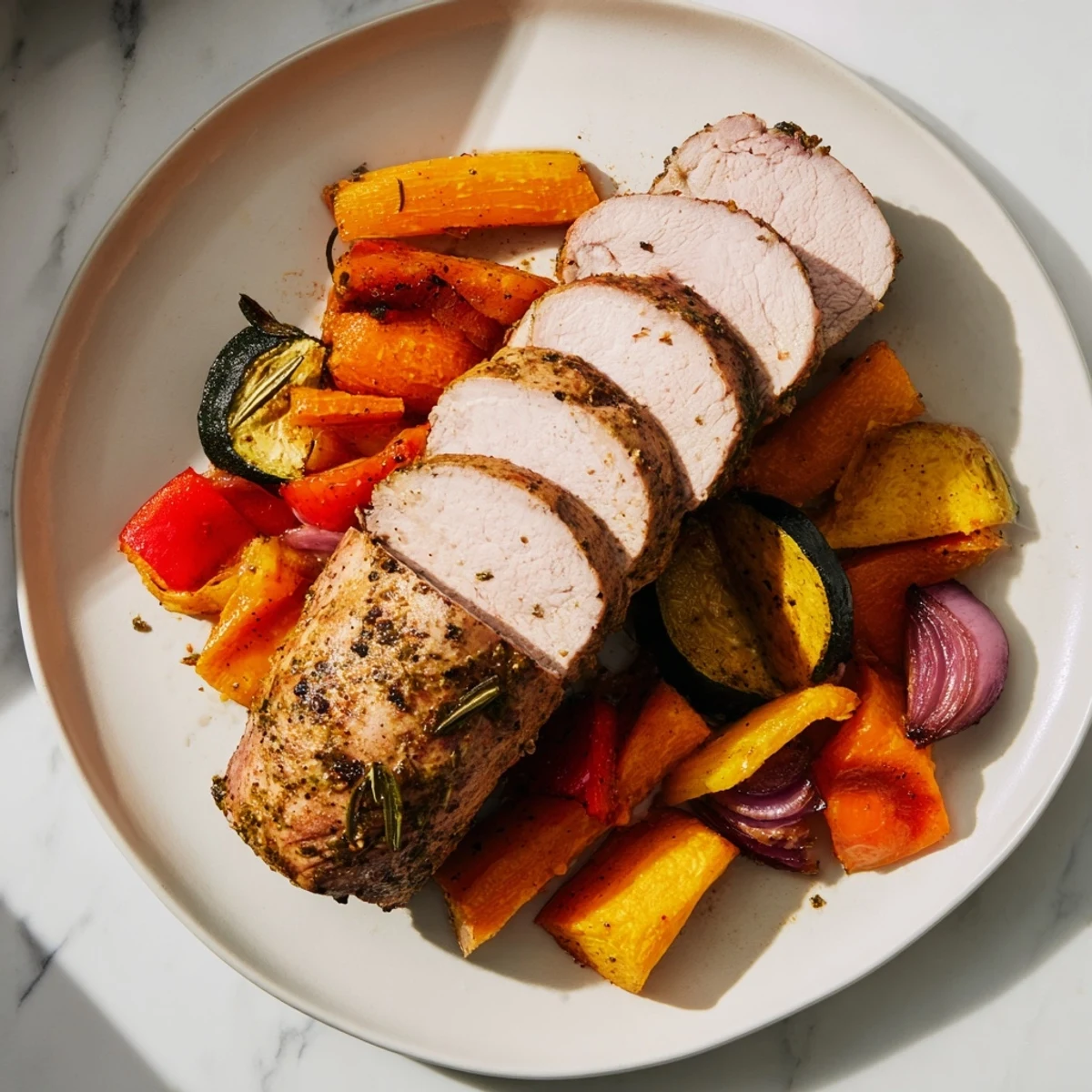 Juicy sliced roasted garlic pork tenderloin nestled with colorful roasted vegetables, ready for a delicious dinner.