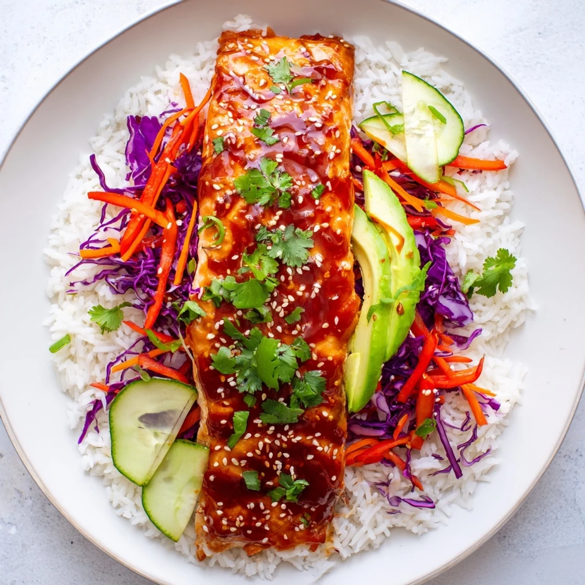 A steaming Sweet Chili Salmon Rice Bowl showcases glazed salmon atop fluffy rice, with colorful vegetables.