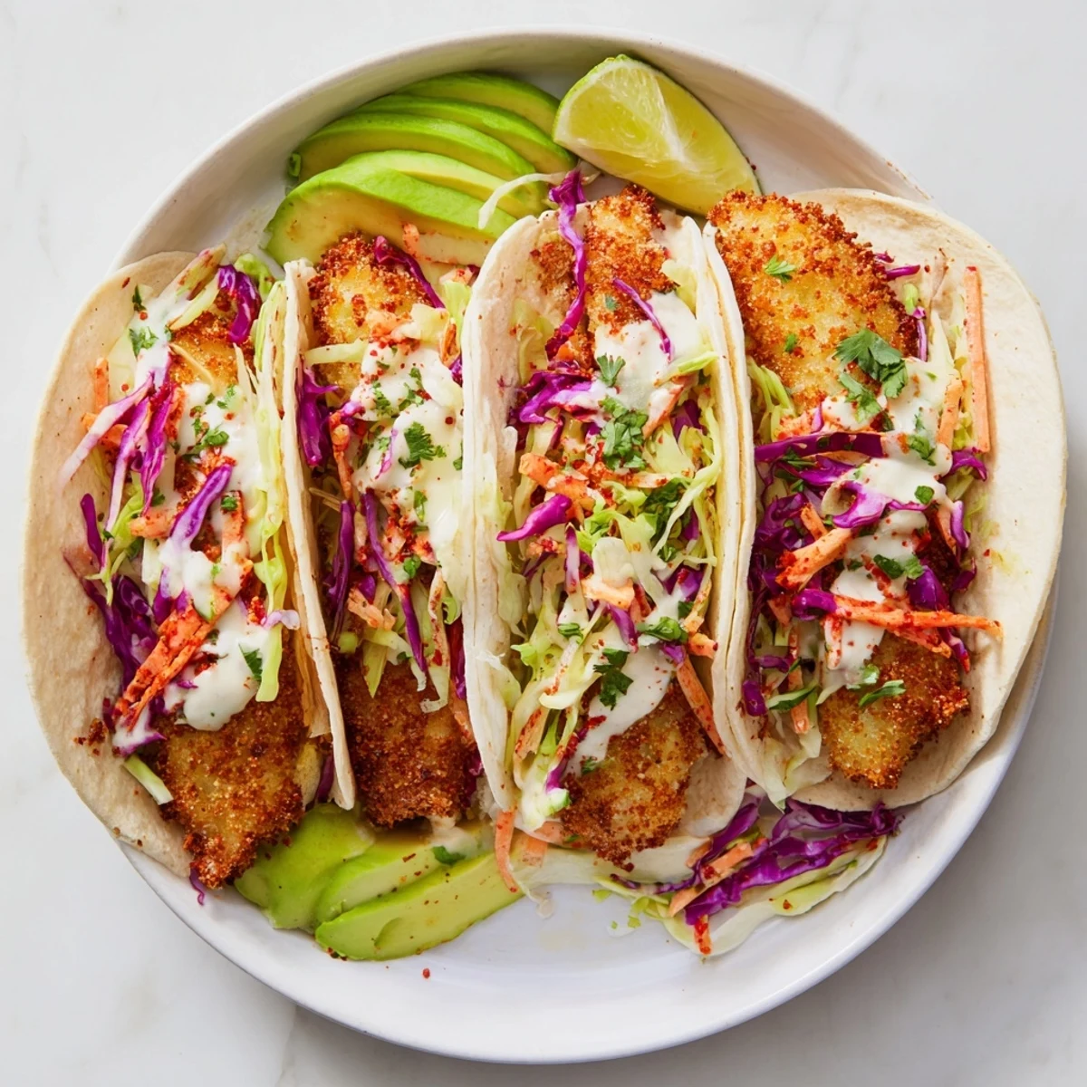 Golden, crispy fish tacos with vibrant slaw piled high, ready to enjoy this fresh meal.
