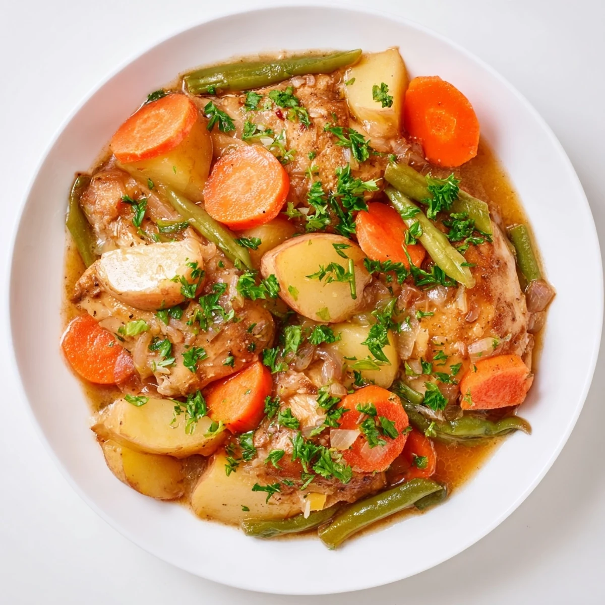 A steaming bowl of Slow-Cooker Chicken & Vegetable Stew, full of tender, flavorful chicken and vegetables.