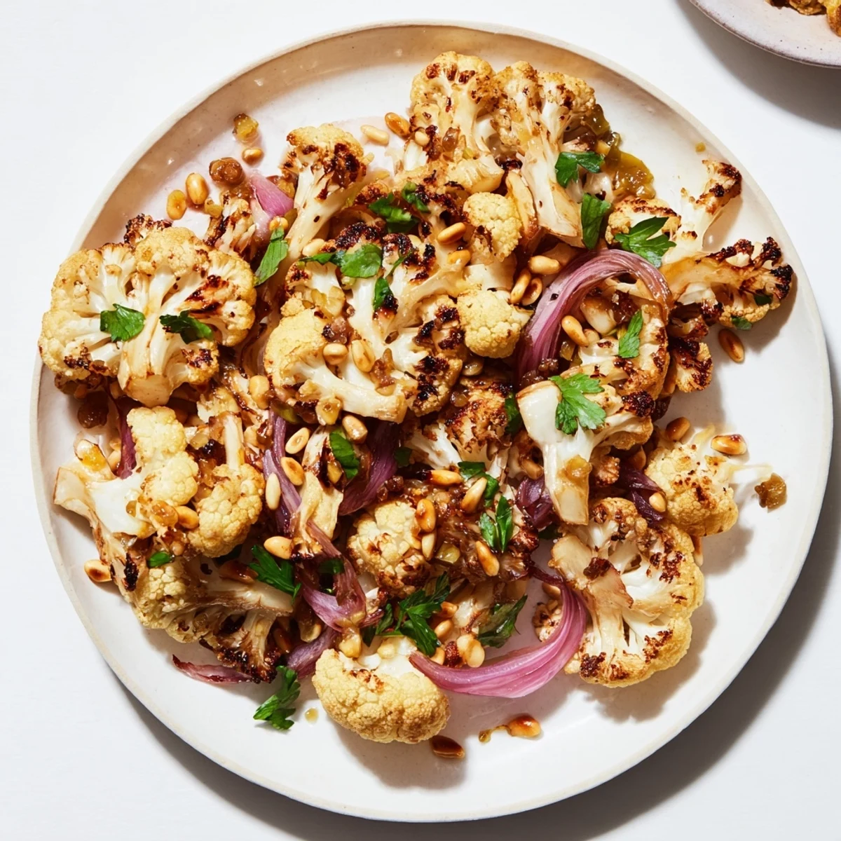 Warm roasted cauliflower salad with lemon dressing, smelling of zesty lemon and toasted pine nuts.