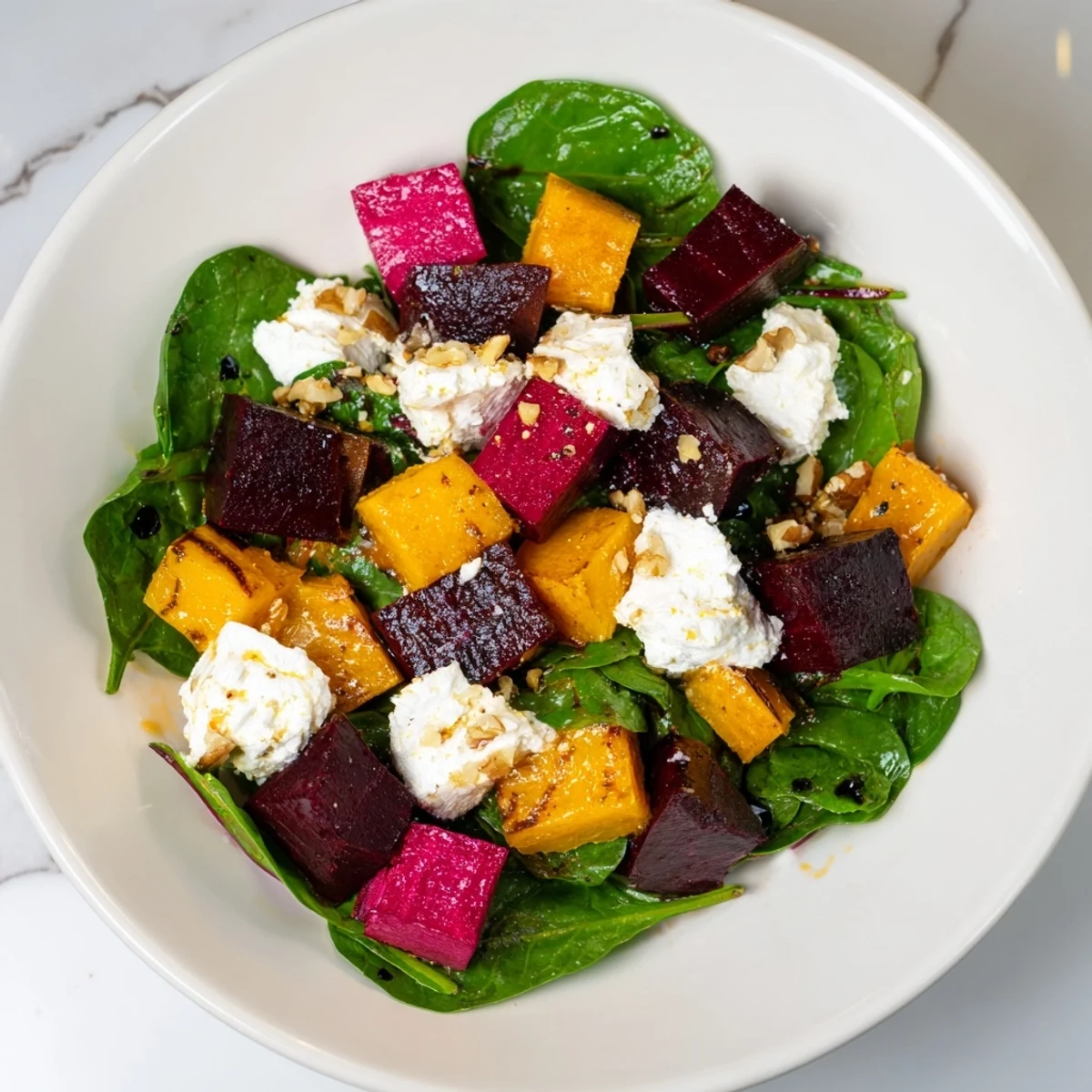 Roasted beet, butternut squash & spinach salad, a colorful, vibrant vegetarian dish with goat cheese.