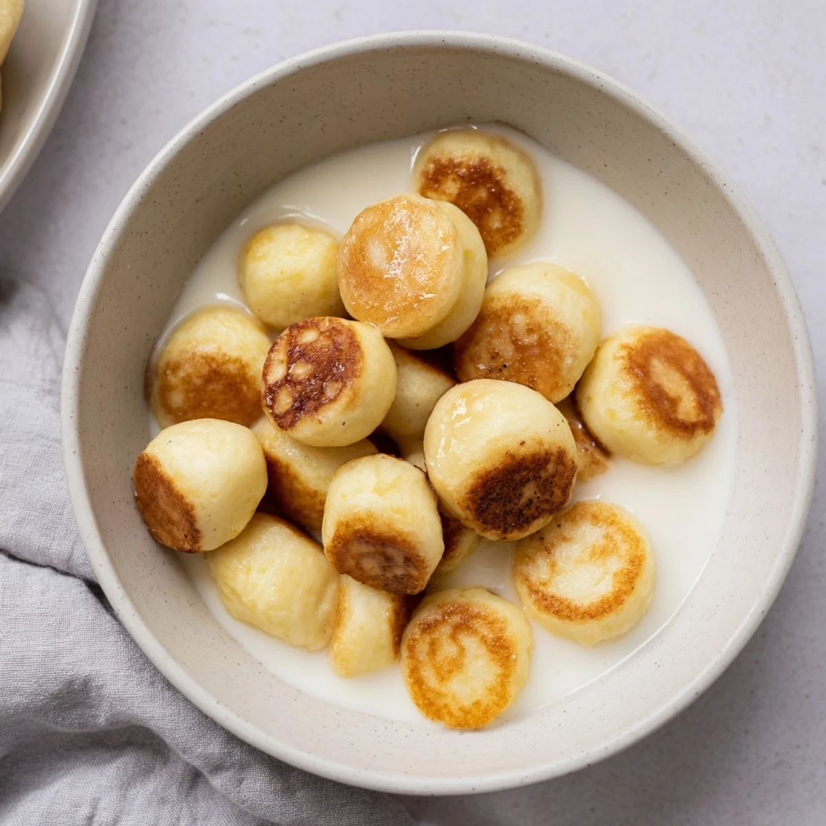 Golden, fluffy pancake cereal, perfect for a fun breakfast, served with milk and syrup.