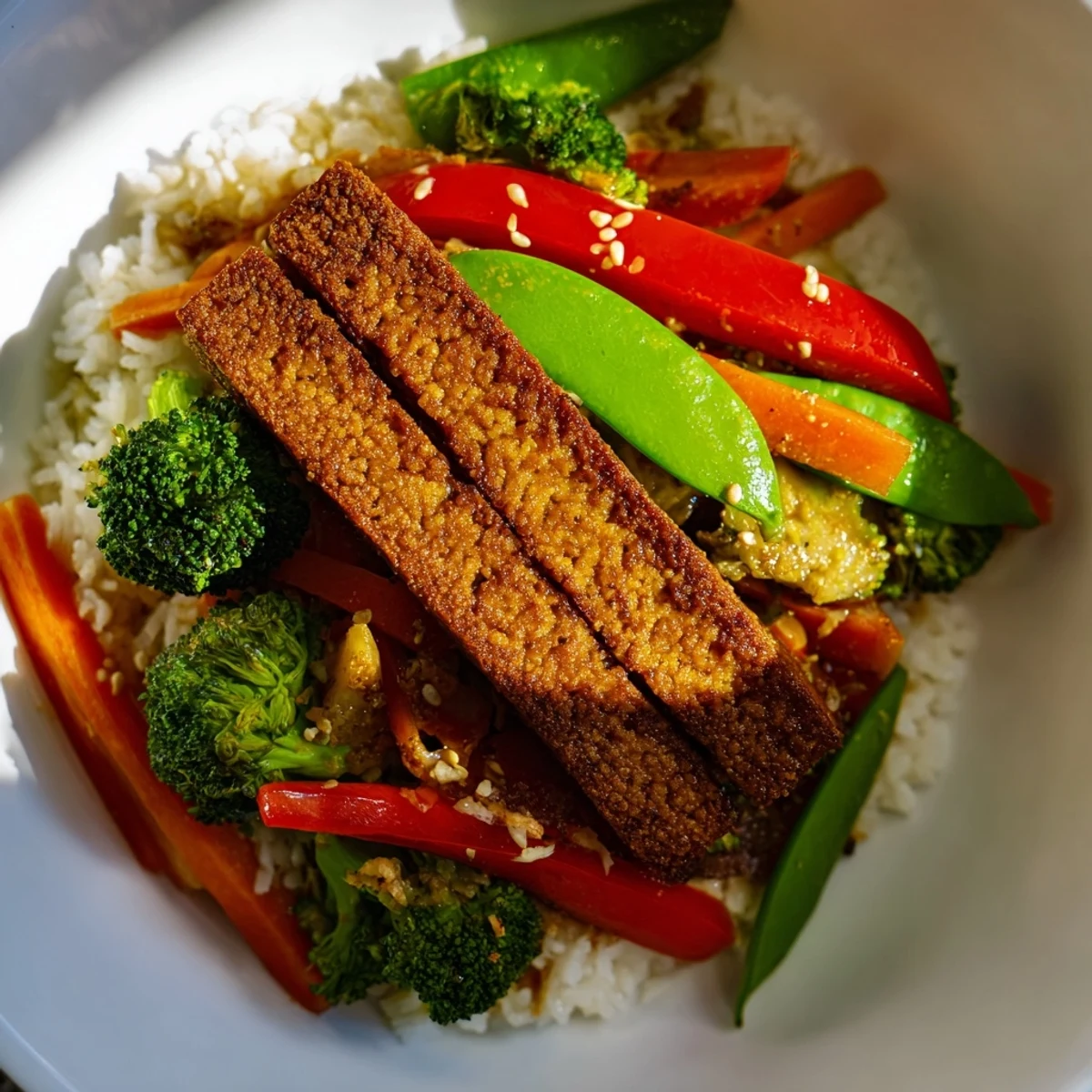 Golden-brown pressed tofu steaks sit atop vibrant stir-fried vegetables, ready for a comforting meal.