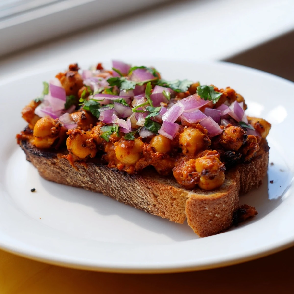 Close-up of hearty BBQ Chickpeas on Toast, offering a perfect blend of smoky, flavorful textures.