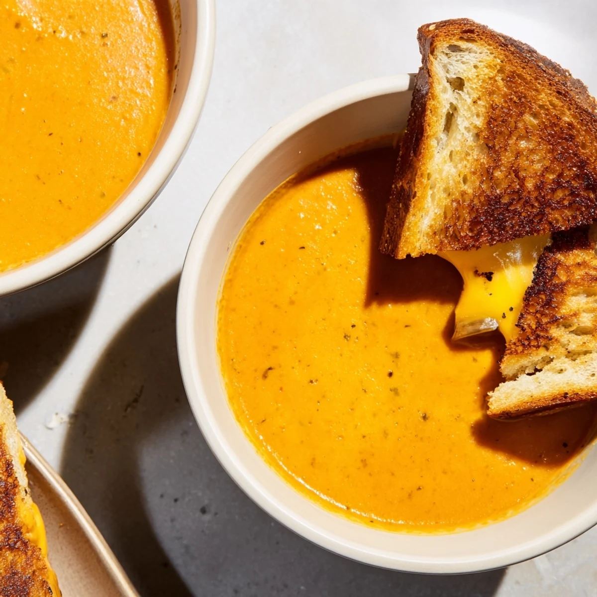 Enjoy a warm and delicious plate of creamy 5-Ingredient Tomato Soup with melty grilled cheese, a classic pairing.