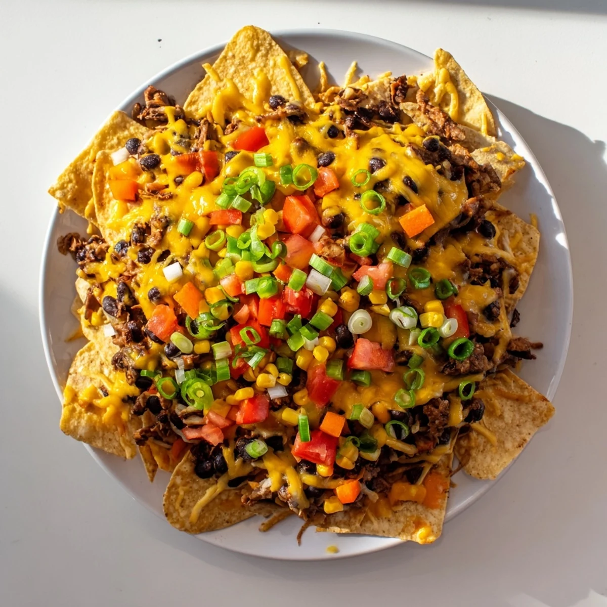 Sheet-pan nachos with melted cheddar, colorful veggies, and pantry beans, ready to enjoy!