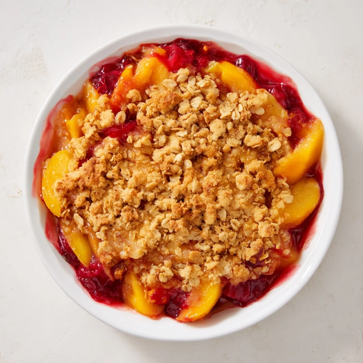 A bubbly and golden Fruit Crisp with frozen fruit, perfect after a delicious family dinner.