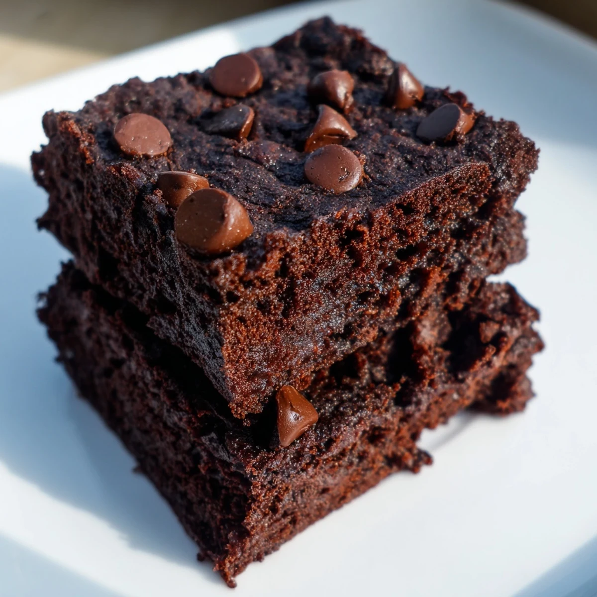 Fudgy Black Bean Brownies, warm from oven, with melting chocolate chips and a rich, dark color.