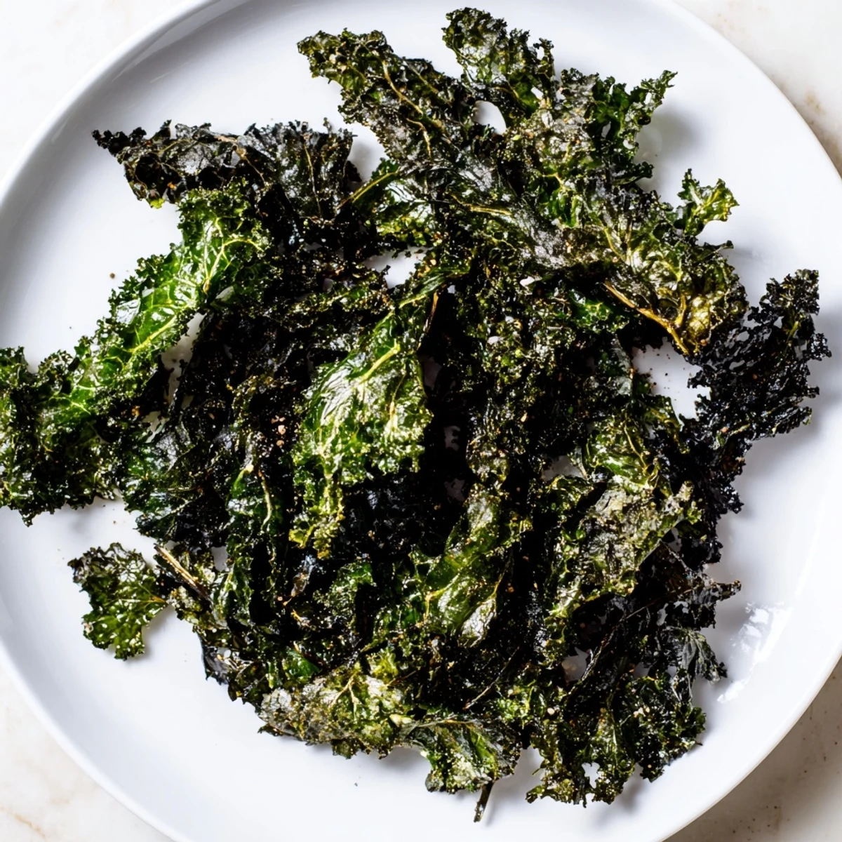 Golden, crispy baked kale chips, a healthy snack with sea salt and peppery flavors.